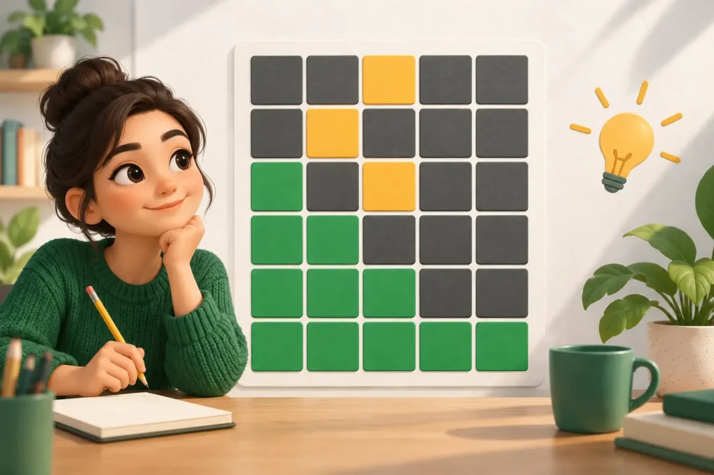 Beginner learning Wordle color rules on a six-row letter tile board