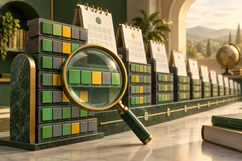 Searchable timeline and calendar archive of past Wordle puzzle tile rows