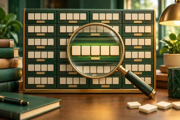 Magnifying glass searching a library of five-letter Wordle tile rows